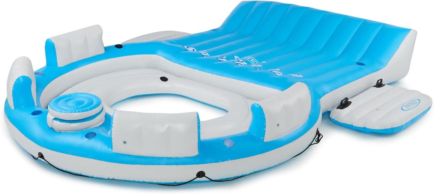 Blue and White 7-Person Inflatable Floating Island with Backrest