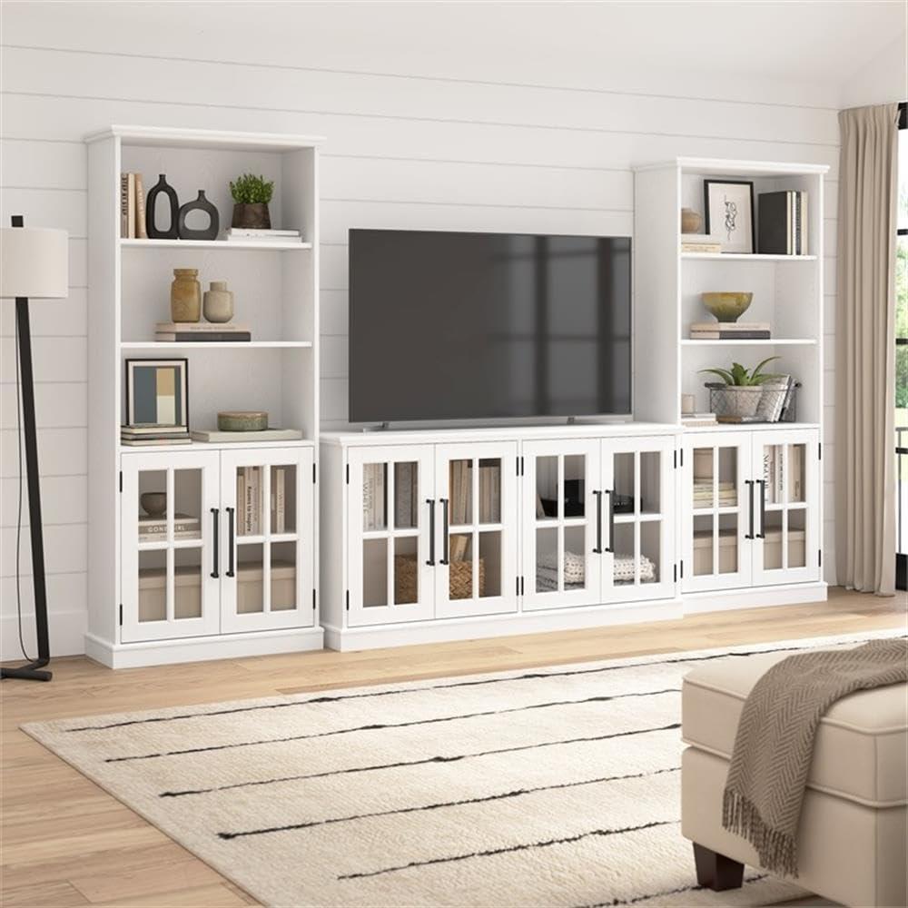 White Ash 60W TV Stand with Bookcases and Glass Doors