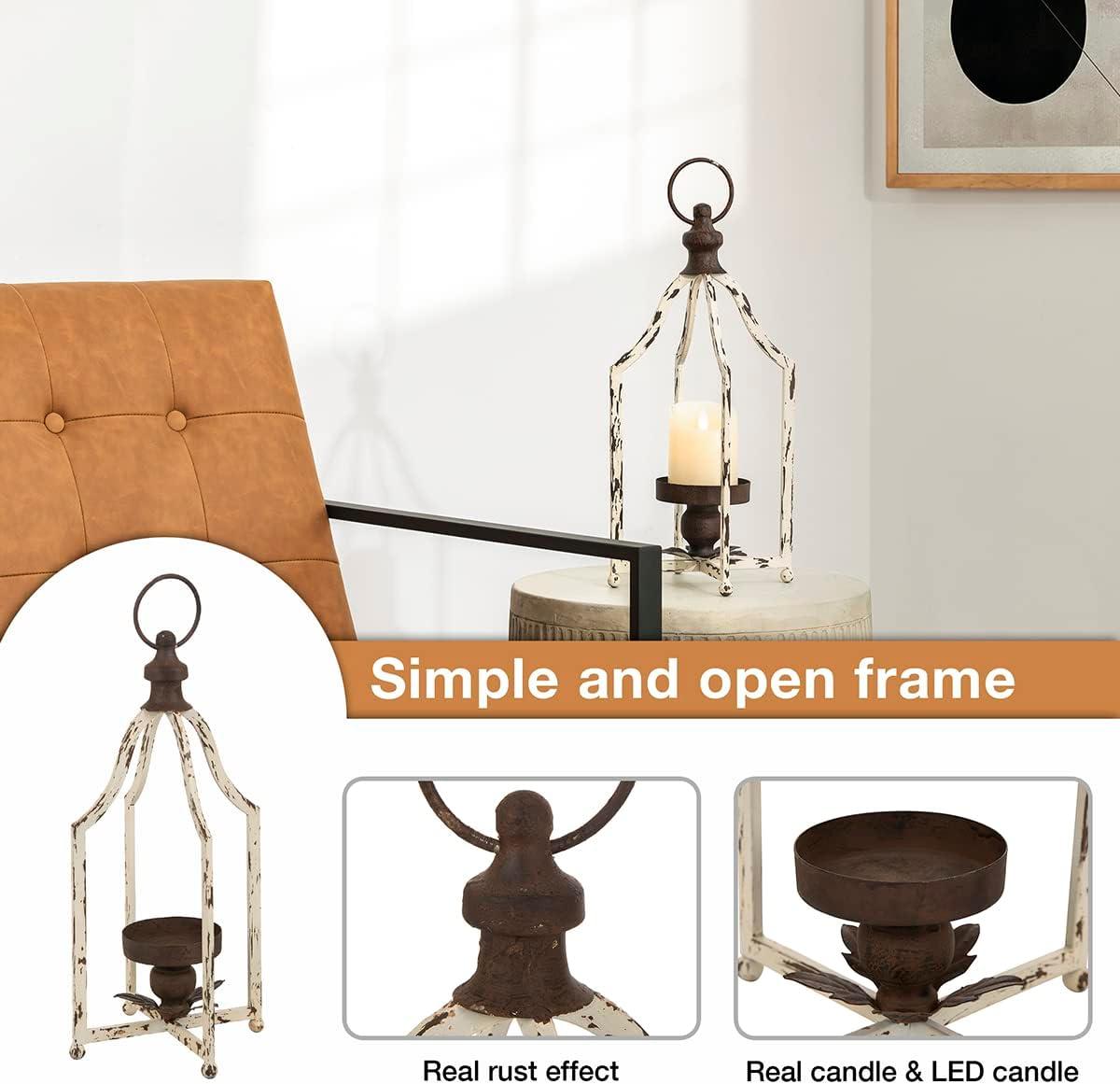 Glitzhome  Farmhouse Rustic Metal Lanterns Hanging Candle Holder White-S