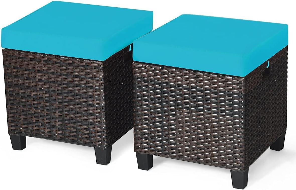 Costway 2PCS Patio Rattan Ottoman Cushioned Seat w/ Foot Rest Turquoise