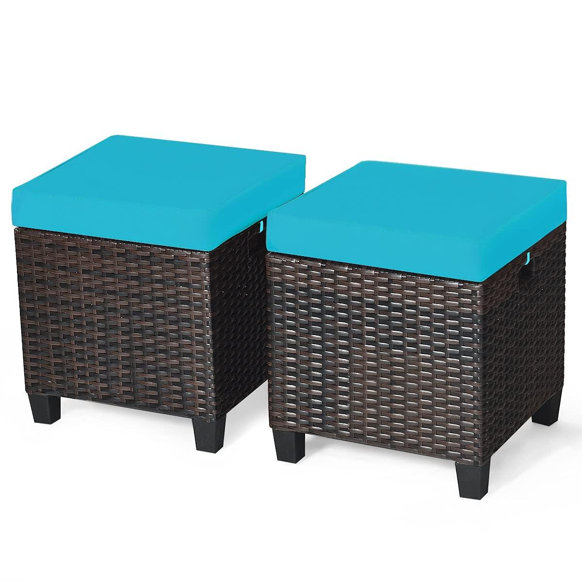 Costway 2PCS Patio Rattan Ottoman Cushioned Seat w/ Foot Rest Turquoise