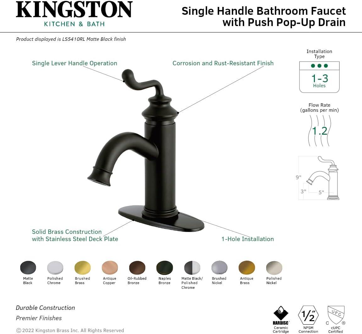 Kingston Brass Royale Single-Handle 1-Hole Deck Mount Bathroom Faucet with Push Pop-Up