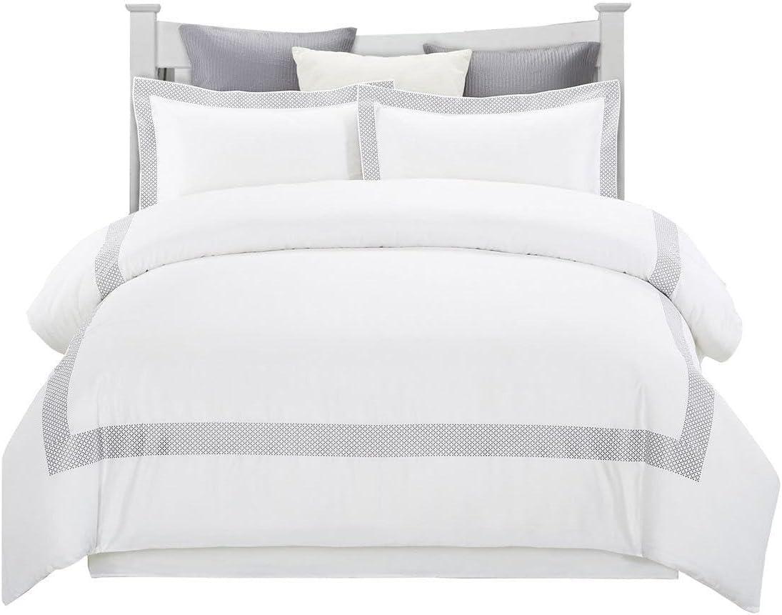 Superior Cotton Embroidered Duvet Cover Set, Full/ Queen, White