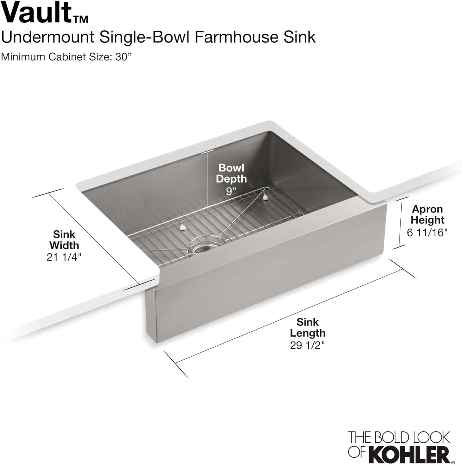 Vault™ Under-Mount Single-Bowl Kitchen Sink, Stainless Steel with Shortened Apron-Front for 30" Cabinet