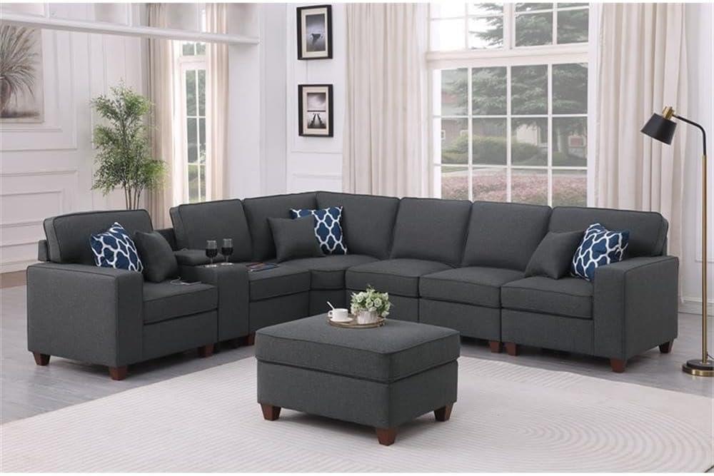 8-Piece Linen Fabric Upholstered Sectional With Console & Ottoman-Dark Gray