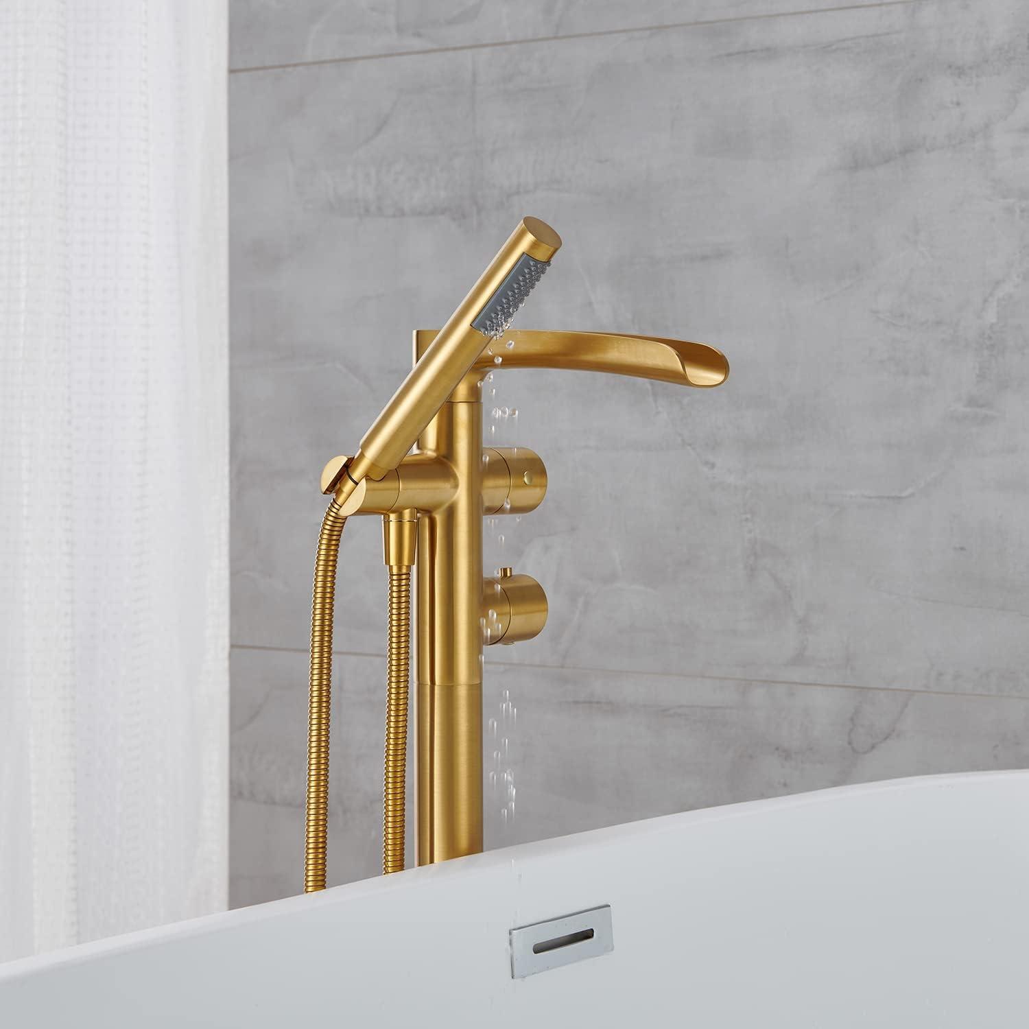 MOGFCT Waterfall Freestanding Bathtub Faucet Set Single Handle Floor Mount Tub Filler with Hand Shower ,Matte Black