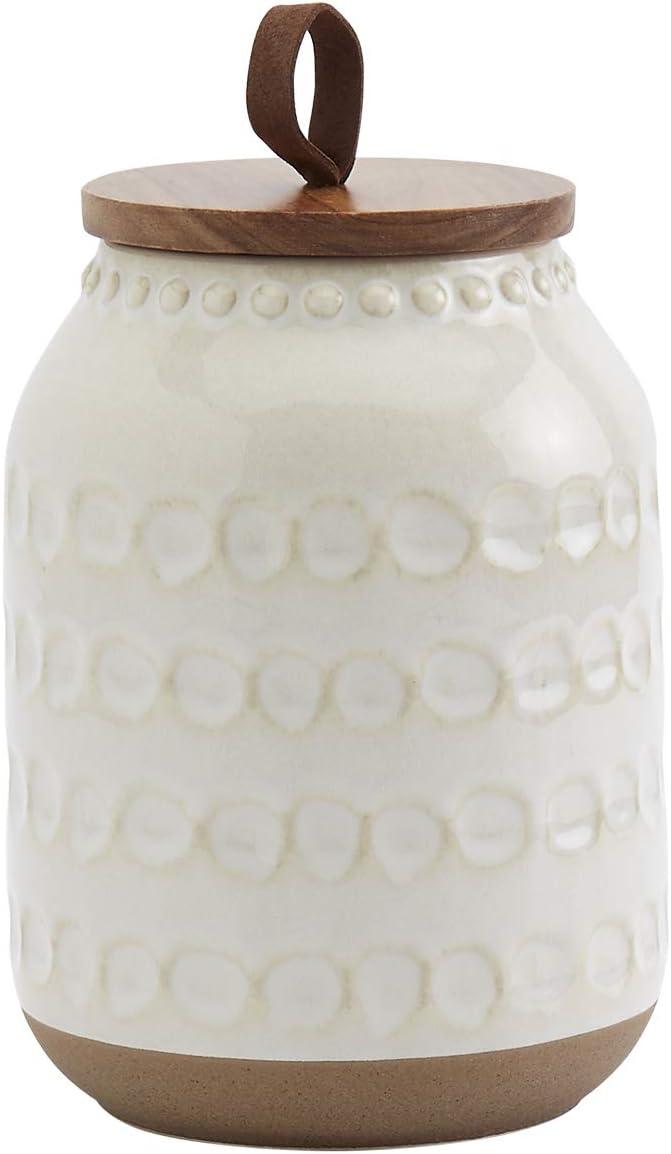 Embossed White Ceramic Canister Set with Acacia Wood Lids, 3 Piece