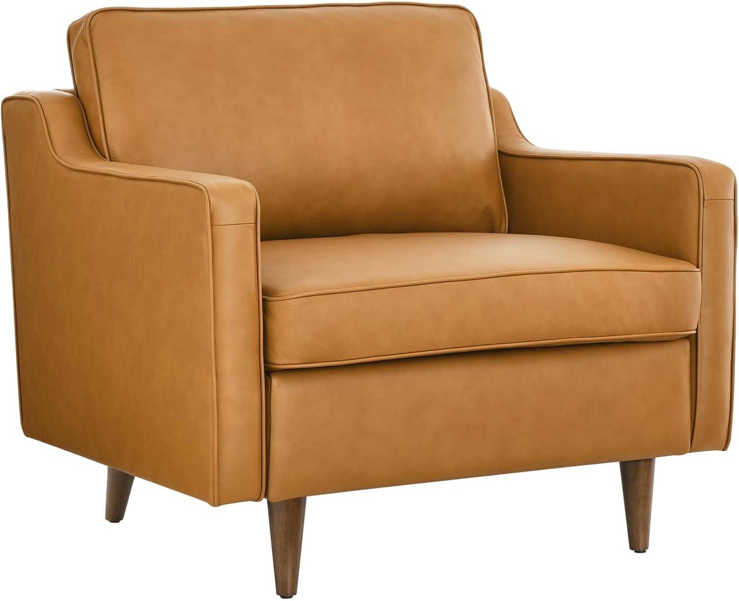 Tan Genuine Leather Mid-Century Modern Armchair