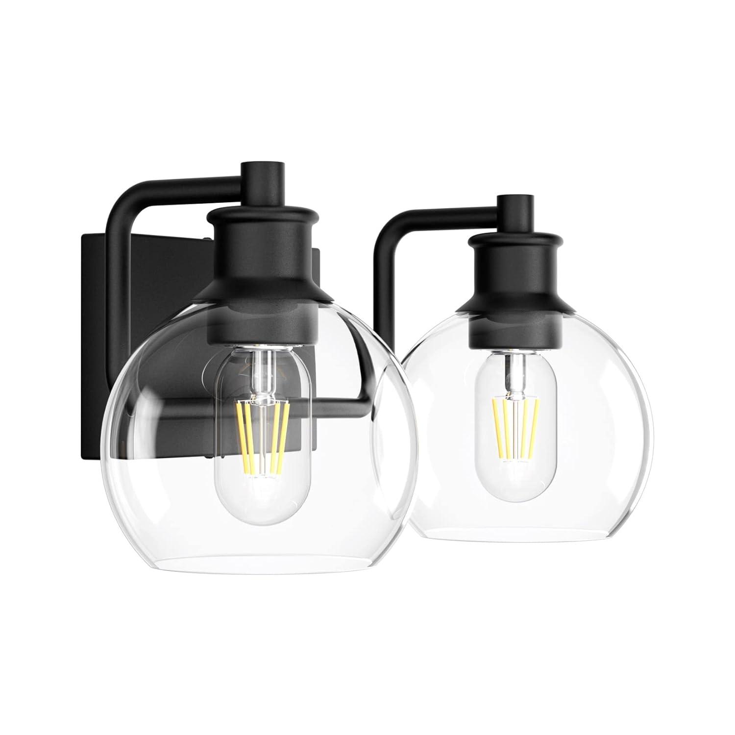 Tipace 2 Lights Industrial Bathroom Vanity Light Fixtures Over Mirror Black Vintage Vanity Lights with Globe Clear Glass Farmhouse Wall Sconces Fixture(Exclude Bulb)