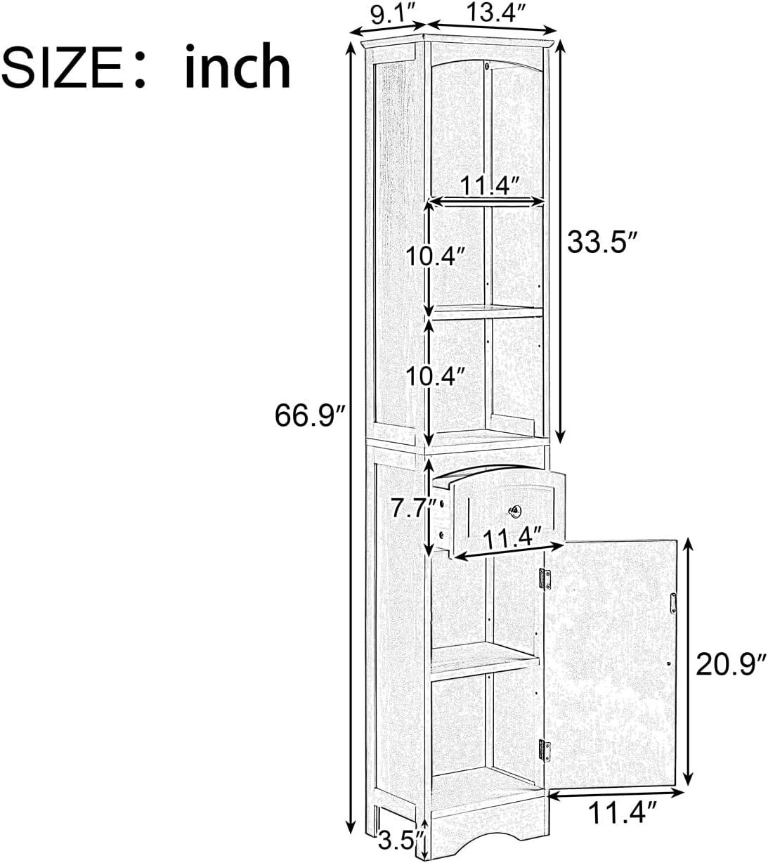 Tall White MDF Living Room Storage Cabinet with Shelves and Drawer