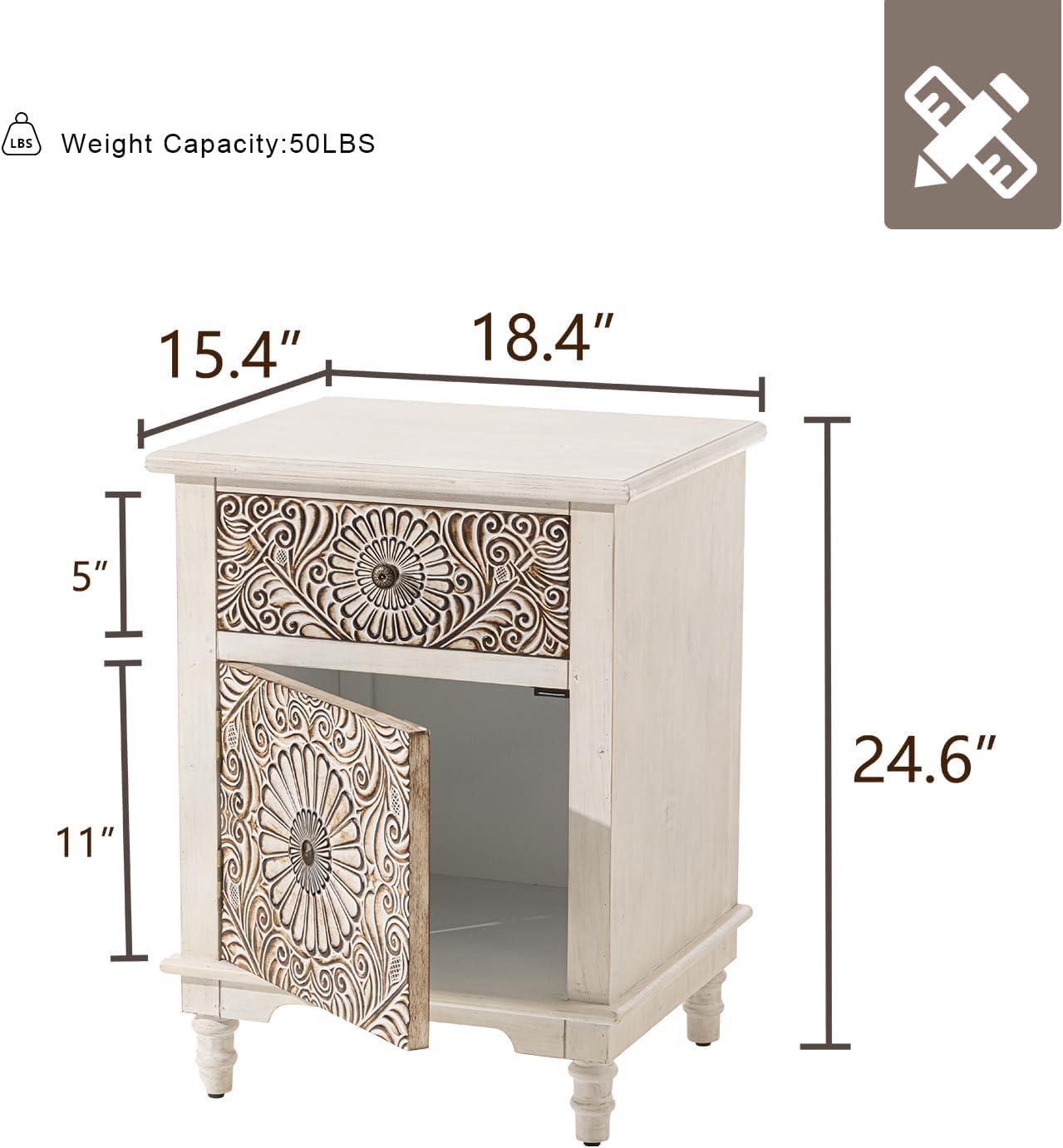 Light Gray Floral Carved MDF Nightstand with Drawer