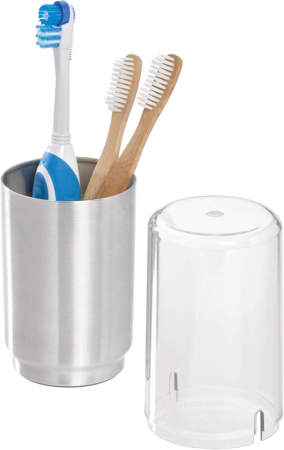 iDesign Austin Steel and BPA-Free Plastic Toothbrush Holder with Lid, Clear/Brushed Nickel