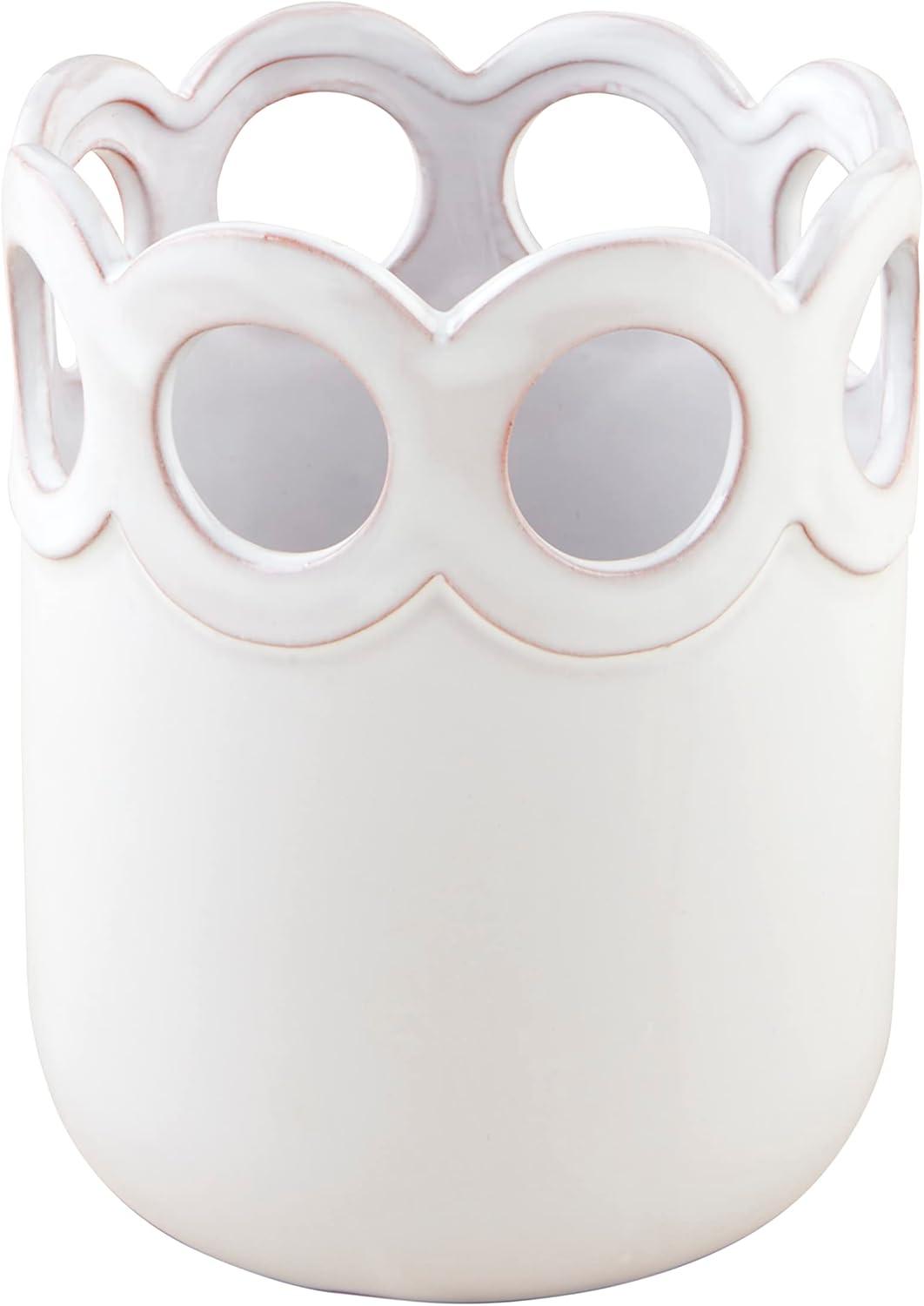 White Glossy Ceramic Scalloped Utensil Holder