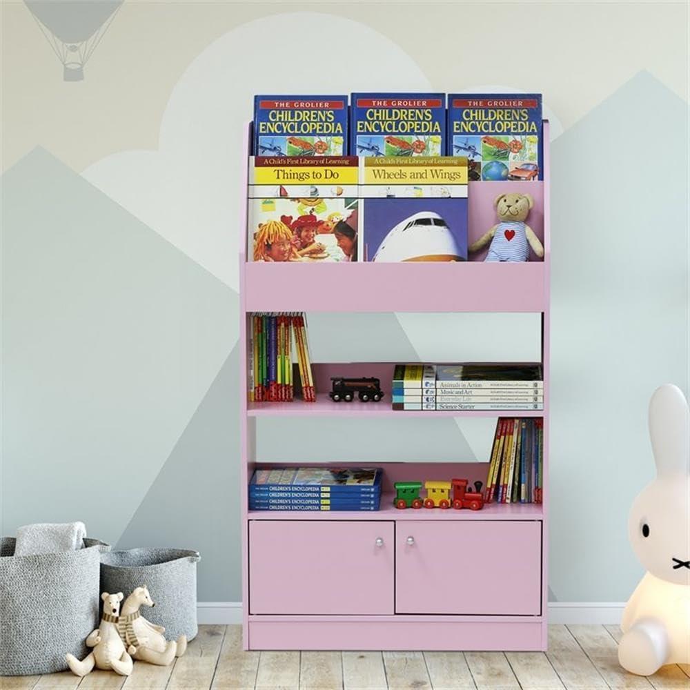 Furinno KidKanac Kids Bookshelf, 4 Tier with Cabinet, Pink