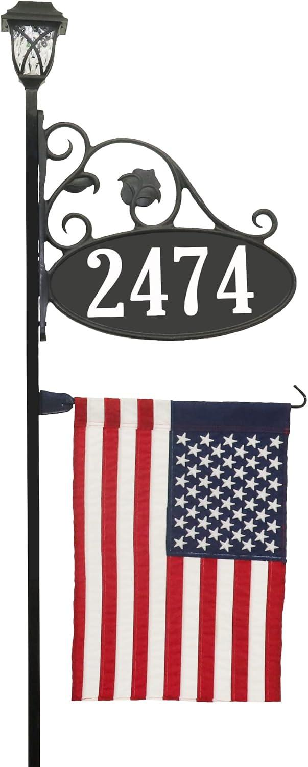 58" Black Metal Address Sign with American Flag and Solar Light