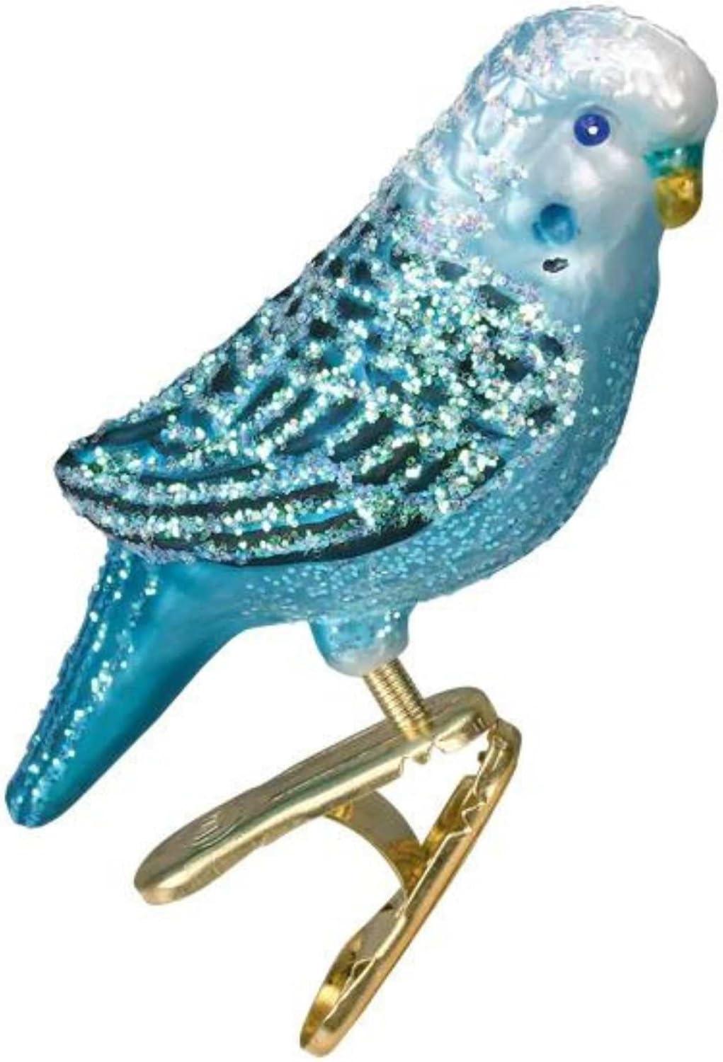 Miniature Blue Parakeet Glass Clip-On Christmas Ornament