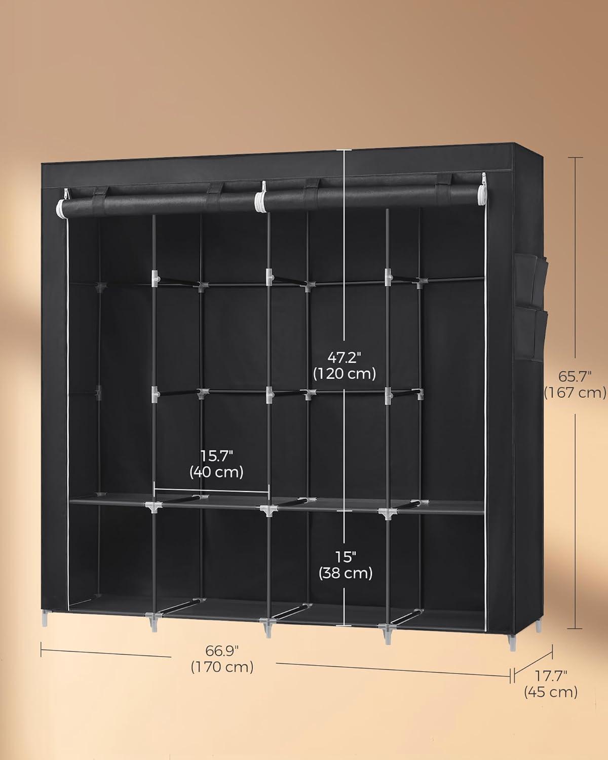 SONGMICS Portable Closet, Wardrobe Closet Organizer with Cover, 4 Hanging Rods and Shelves, 4 Side Pockets, 17.7 x 66.9 x 65.7 Inches, Large Capacity for Bedroom, Living Room, Ink Black URYG094B02