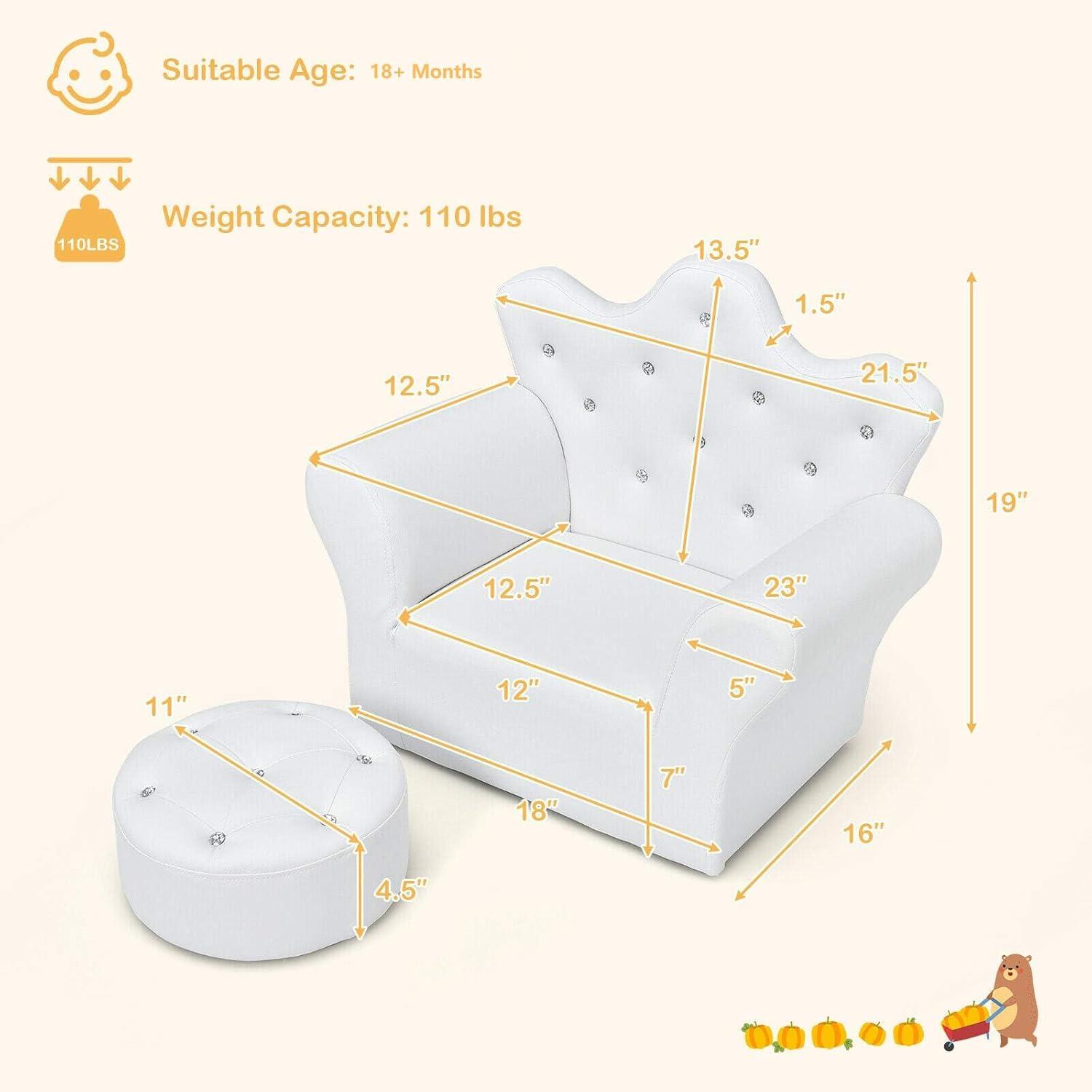 Kepooman Kids Sofa, Children Kids Chair,Toddler Reading Couch, Children Upholstered Princess Sofa with Ottoman and Diamond Decoration for Boys and Girls-White