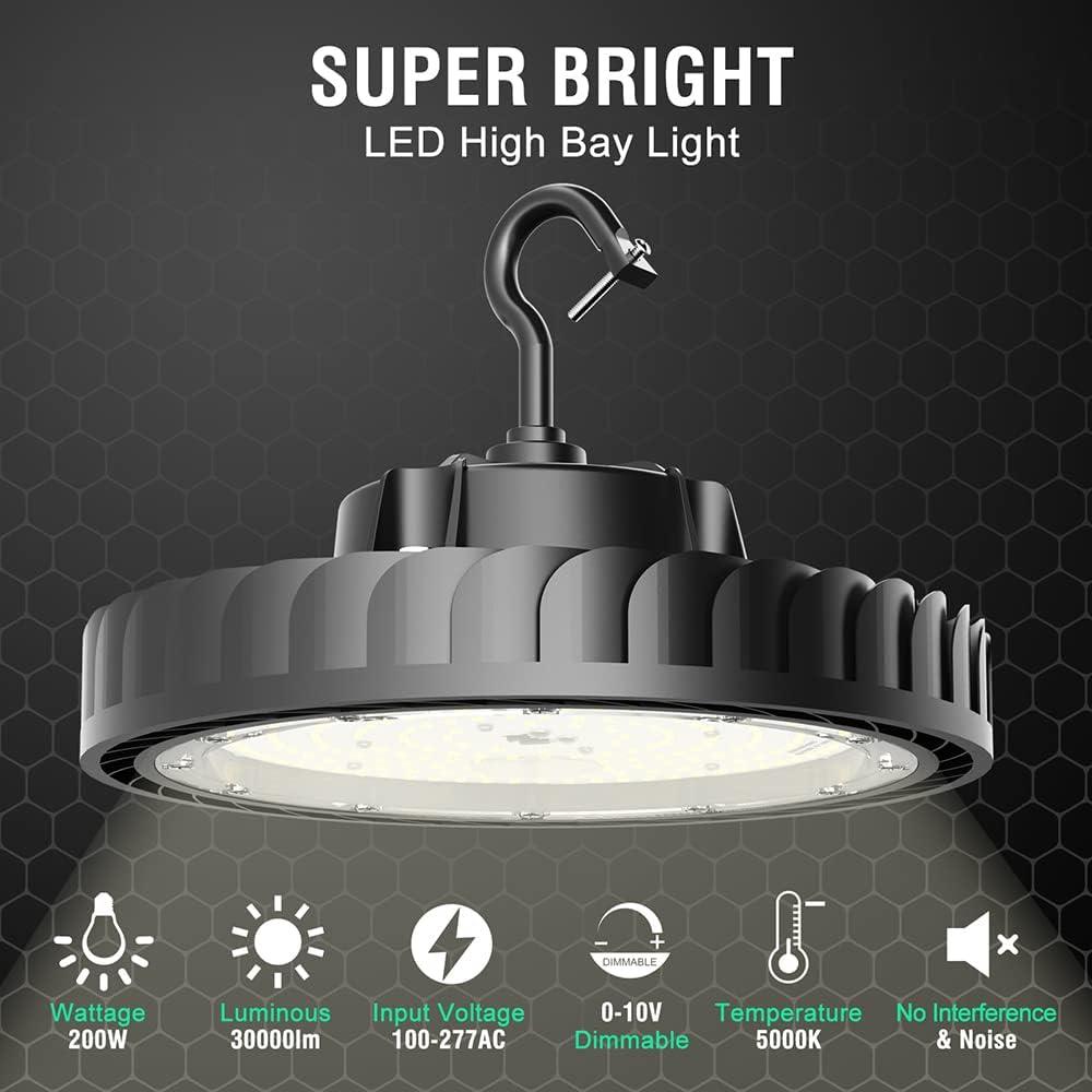 UFO Led High Bay Light 200W 4Pack 30000LM Eqv.800W MH/HPS,High Bay LED Shop Lights 5000K 0-10V Dimmable,High Bay Light for Warehouse Workshop Factory