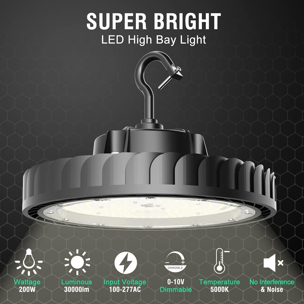 UFO Led High Bay Light 200W 4Pack 30000LM Eqv.800W MH/HPS,High Bay LED Shop Lights 5000K 0-10V Dimmable,High Bay Light for Warehouse Workshop Factory