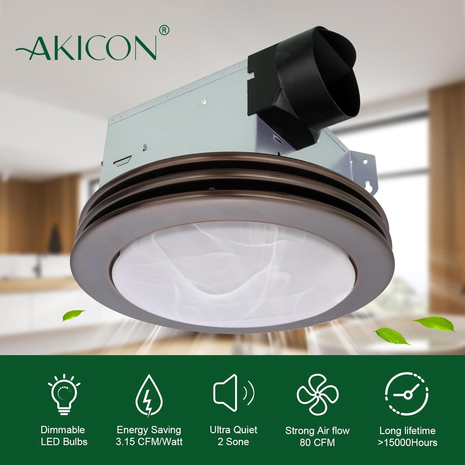 Akicon  Ultra Quiet Bathroom Exhaust Fan with LED Light 80CFM 2.0 Sones Round Bathroom Ventilation Fan with Frosted Glass Cover Brushed Nickel