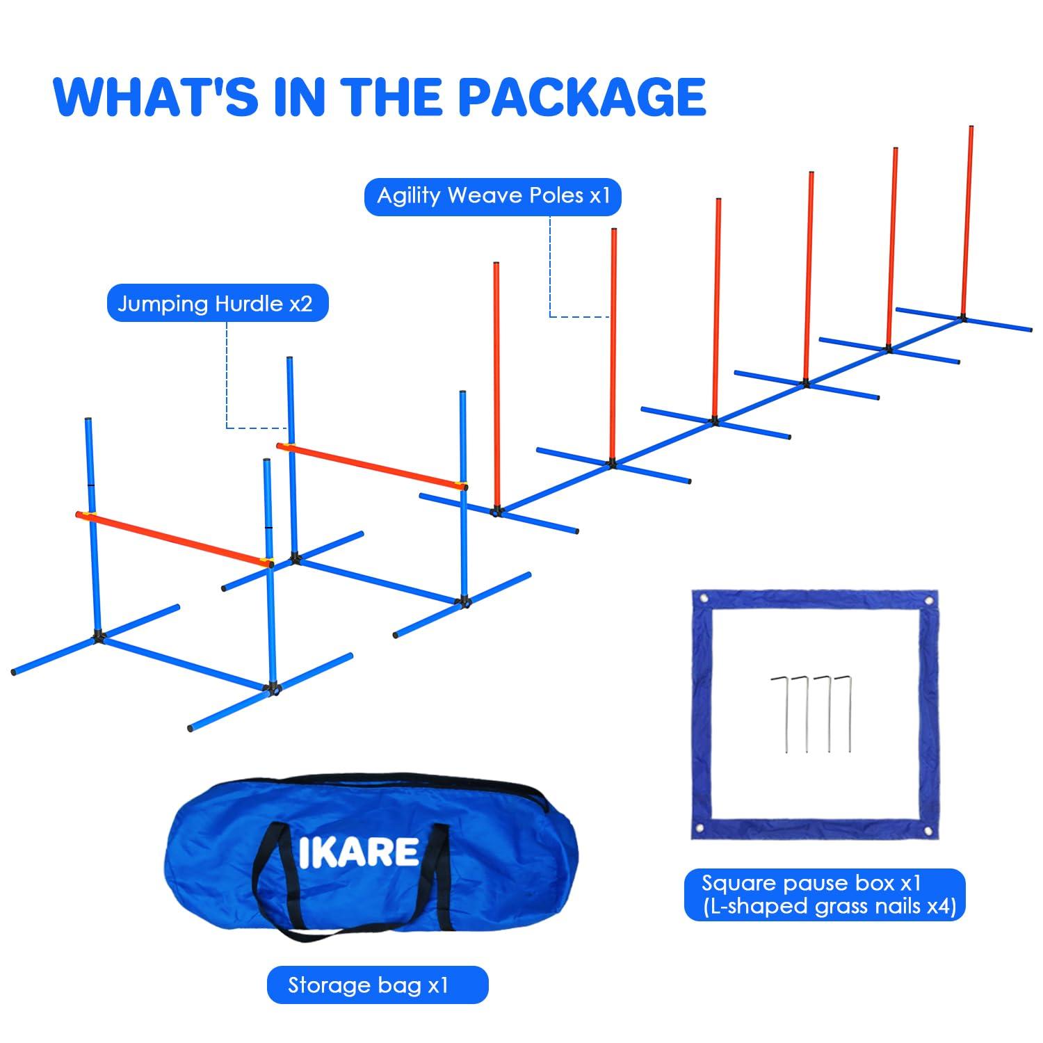 IKARE 4 Piece Dog Agility Training Equipment Pet Obstacle Course Training Starter Kit for Outdoor/Indoor with Adjustable Jumping Hurdles, Weave Poles, Pause Box