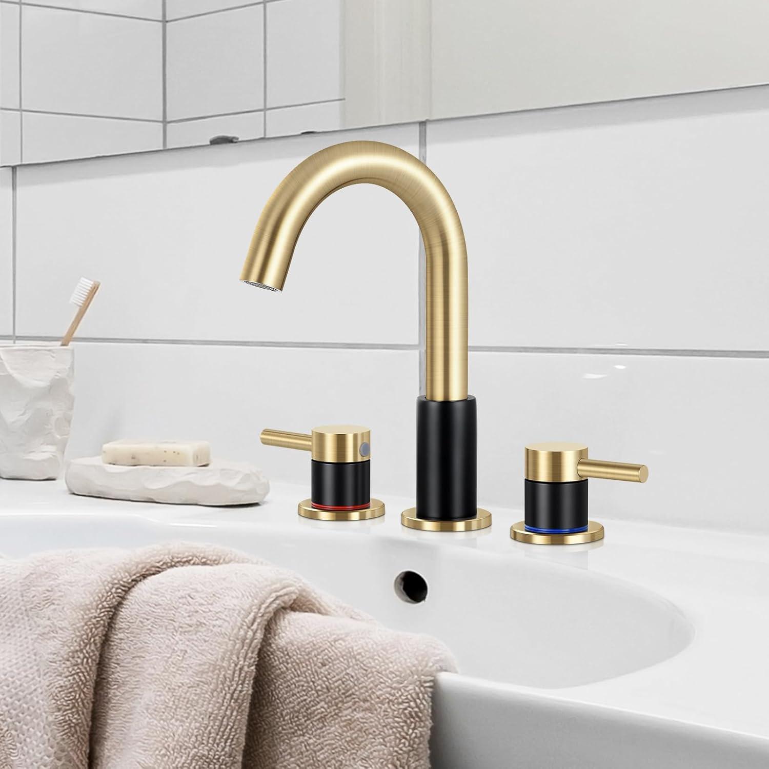 8-Inch Widespread Black and Gold Stainless Steel Bathroom Faucet