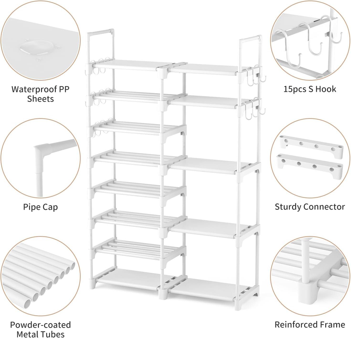 White Stackable 8-Tier Plastic Shoe Rack with Hooks