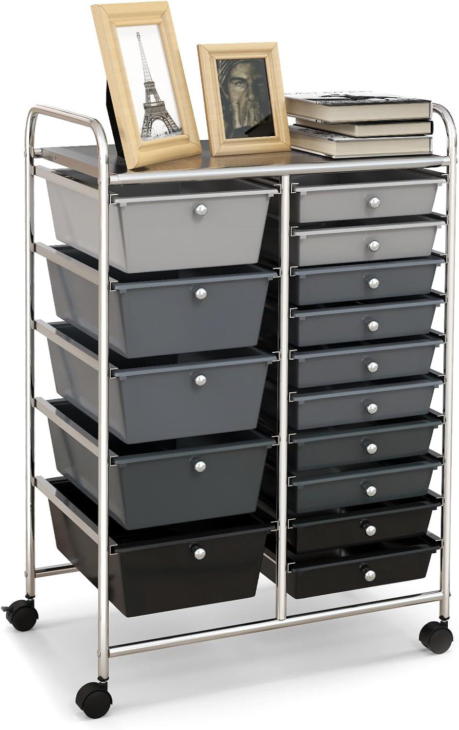 15-Drawers Rolling Storage Cart, Mobile Book Paper Organizer Utility Trolley with Wheels, Ideal for School, Office, Home (Clear)