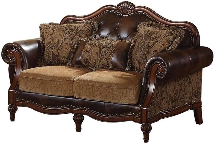 Dreena Brown Faux Leather Tufted Loveseat with Pillows