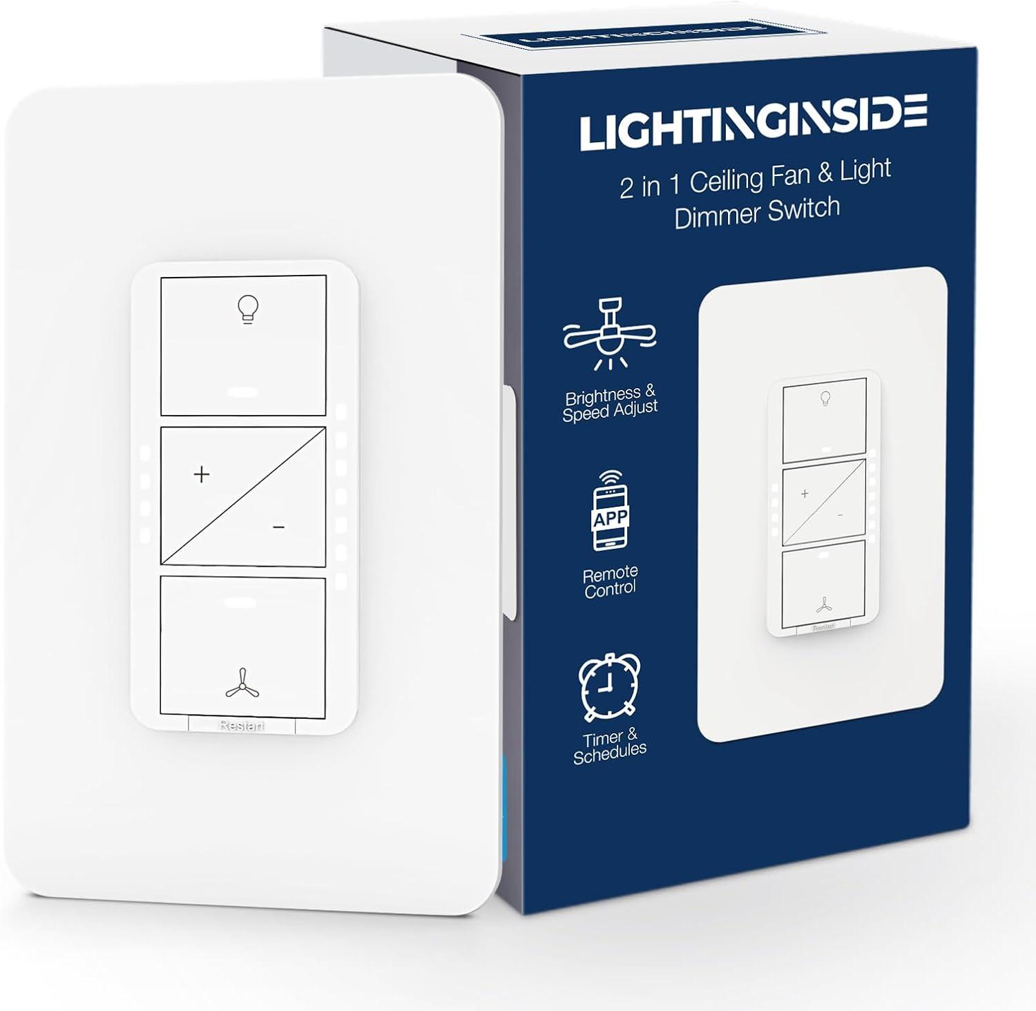 Smart Ceiling Fan Control and Light Dimmer Switch, Compatible with Alexa/Google Assistant/Smart Life, Neutral Wire Required, Single Pole Fan Light Switch, 2.4G Wi-Fi only, Timer, No Hub Required, 1PC