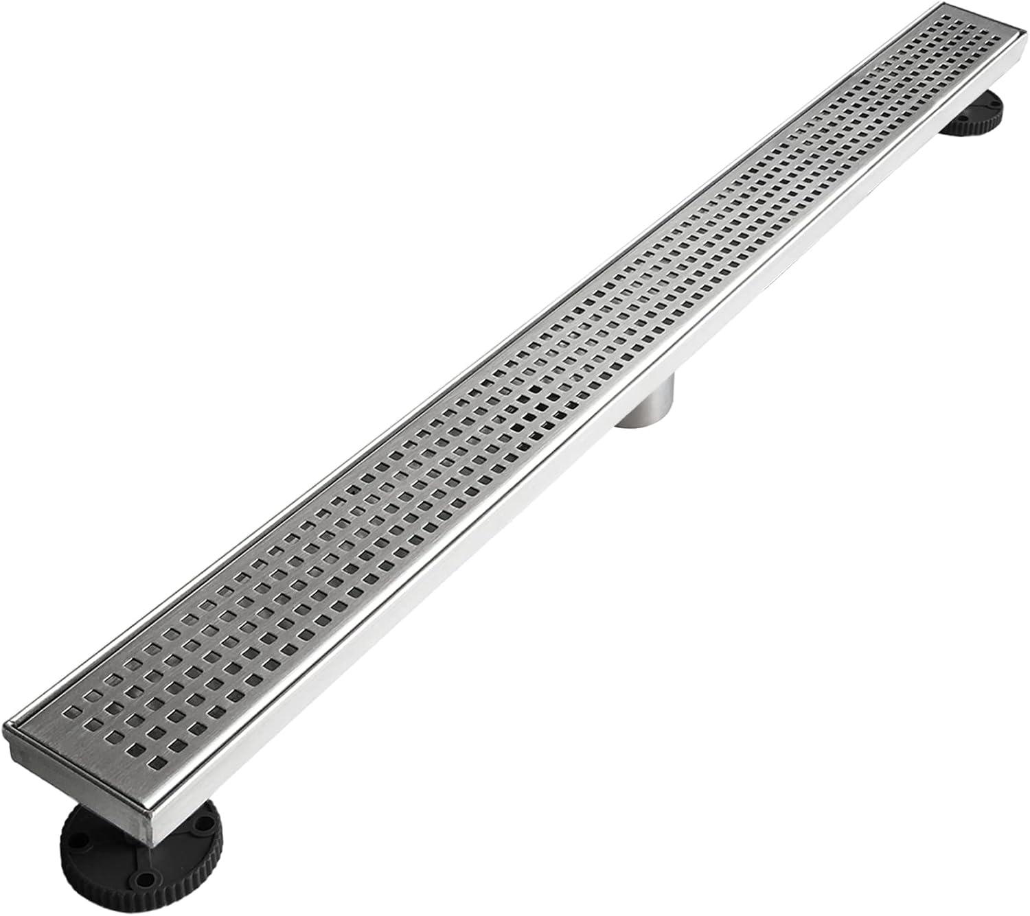 Neodrain 32-Inch Linear Shower Drain with Removable Quadrato Pattern Grate,Professional Brushed 304 Stainless Steel Rectangle Shower Floor Drain Manufacturer,with Leveling Feet,Hair Strainer