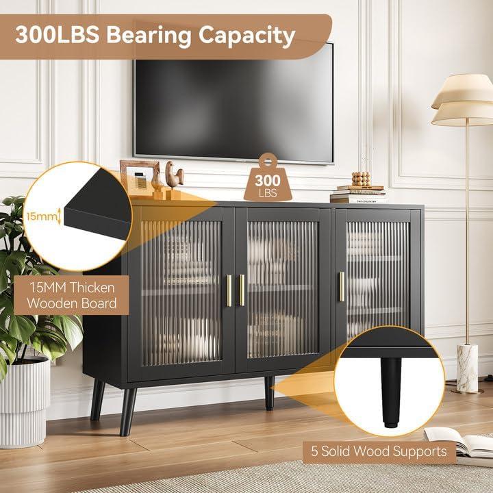 Buffet Cabinet with Storage, 48" Large Sideboard Cabinet with 3 Fluted Glass Doors, Black Cabinet for Kitchen, Dinning Room, Hallway, Living Room