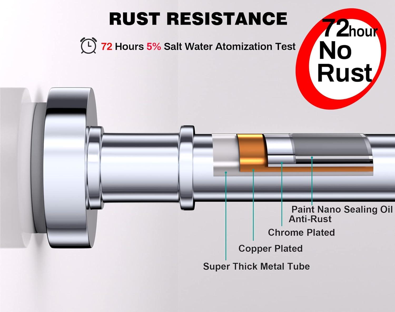 BloomFlower Chrome Shower Curtain Rod,Adjustable 43-72 inches,Rust Resistance,Spring Tension Metal Rod,No Drill