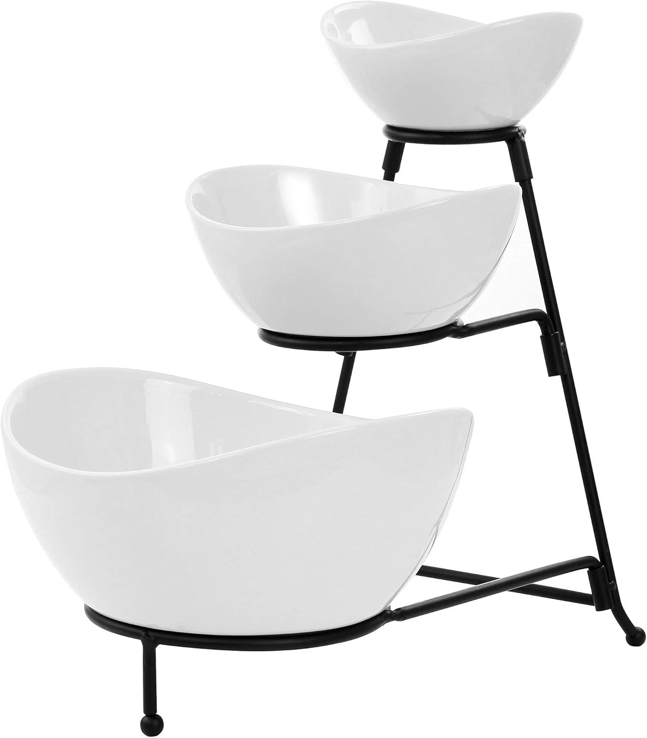 White Ceramic 3-Tier Oval Serving Bowl Set with Metal Stand