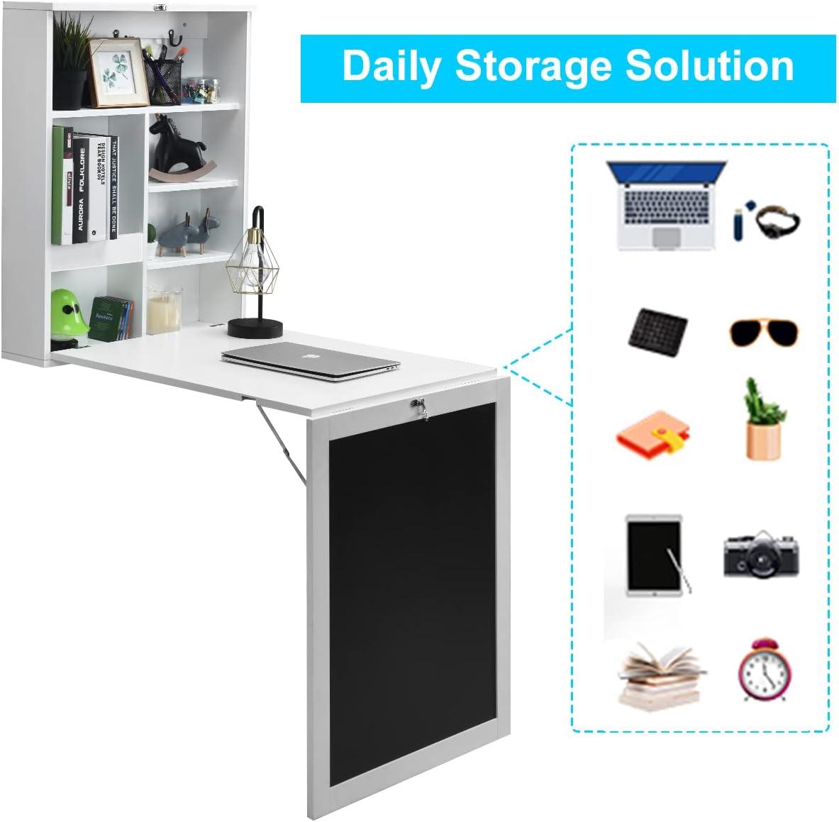 Folding Wall Desk, Wall Mounted Fold Out Table with Storage Shelves & Hooks, Hideaway Desk with Chalkboard, Floating Corner Desk for Small Spaces (White)