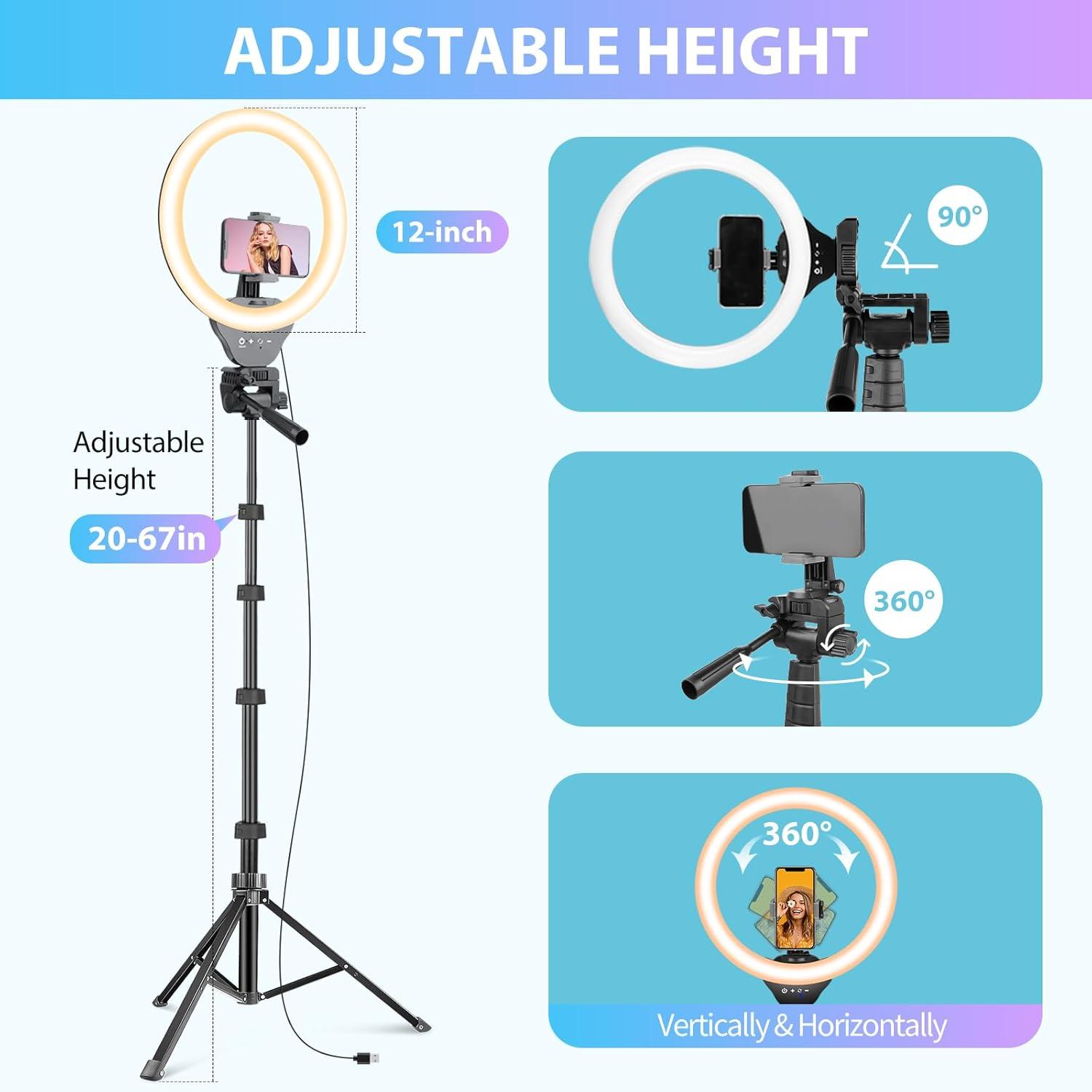 Sensyne 12-inch Ring Light with 67-inch Selfie Stick, Tripod and Phone Holder, Selfie Remote Control Circle Light for Live Stream/Video Recording/TikTok, Compatible with All Phones and Cameras