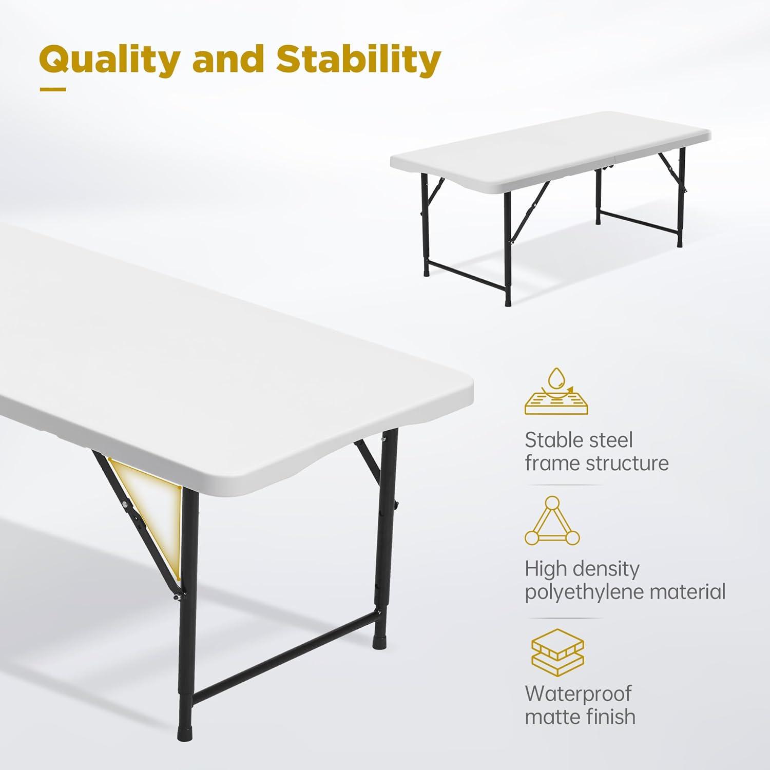 4 ft Portable Folding Table, Idustrial Heavy-Duty Foldable Table, HDPE Plastic Table, with Carrying Handle, Locks, Stright Legs for Indoor & Outdoor Party, Barbeque, Camping, Board Games - White