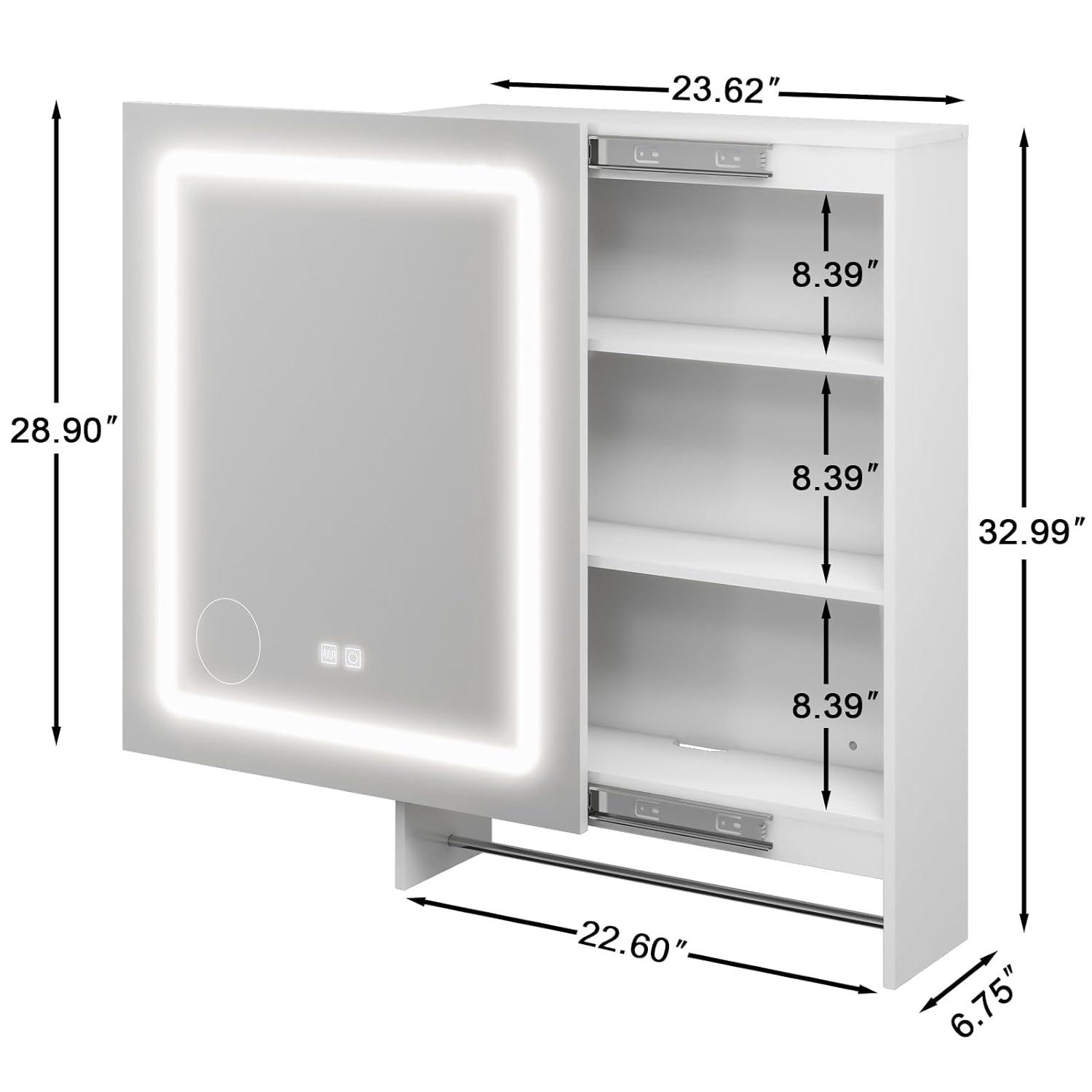 Vabches LED Bathroom Mirror with Lights 32"x 36", Anti-Fog LED Vanity Mirror, Bathroom Cabinet Wall Mounted, Stepless Dimmable Lighted Mirrors for Bathroom Wall, White