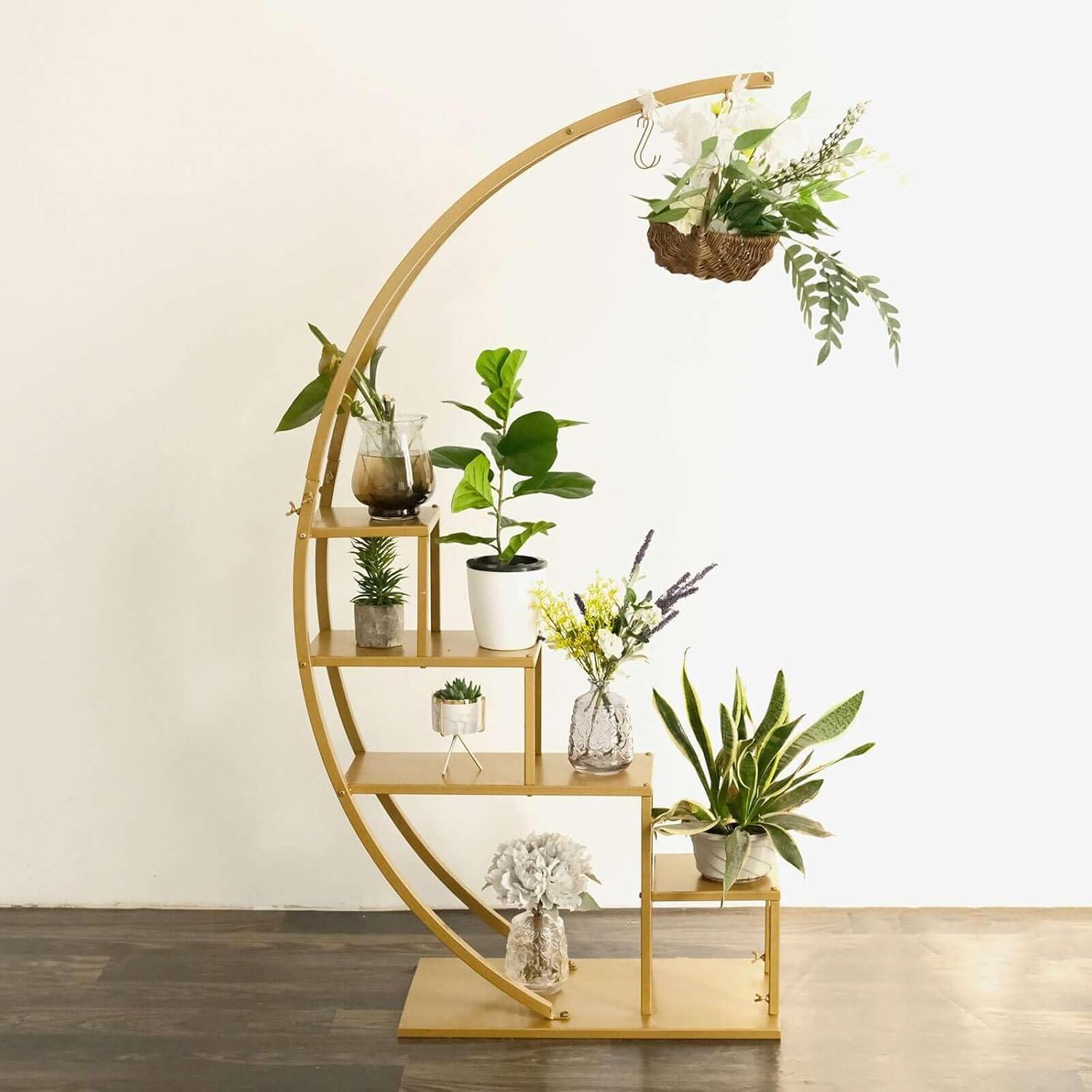 Efavormart 4.5ft Gold Metal 4-Tier Half Moon Plant Shelf Rack With Hanging Hooks, Cupcake Dessert Display Stand