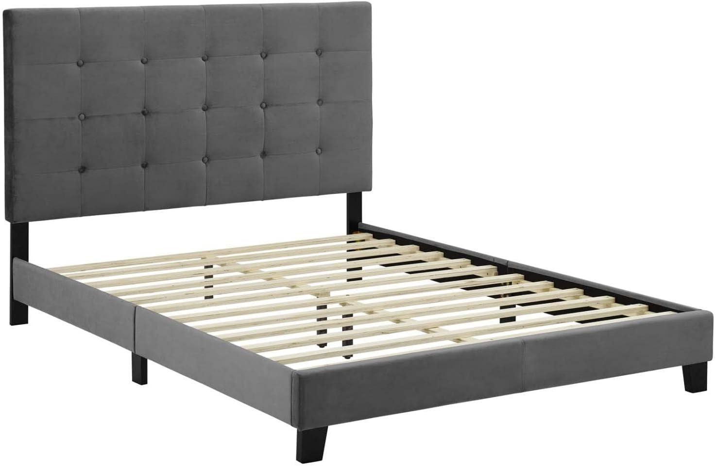 Contemporary Modern Urban Designer Bedroom Full Size Platform Bed Frame, Velvet Fabric, Grey Gray