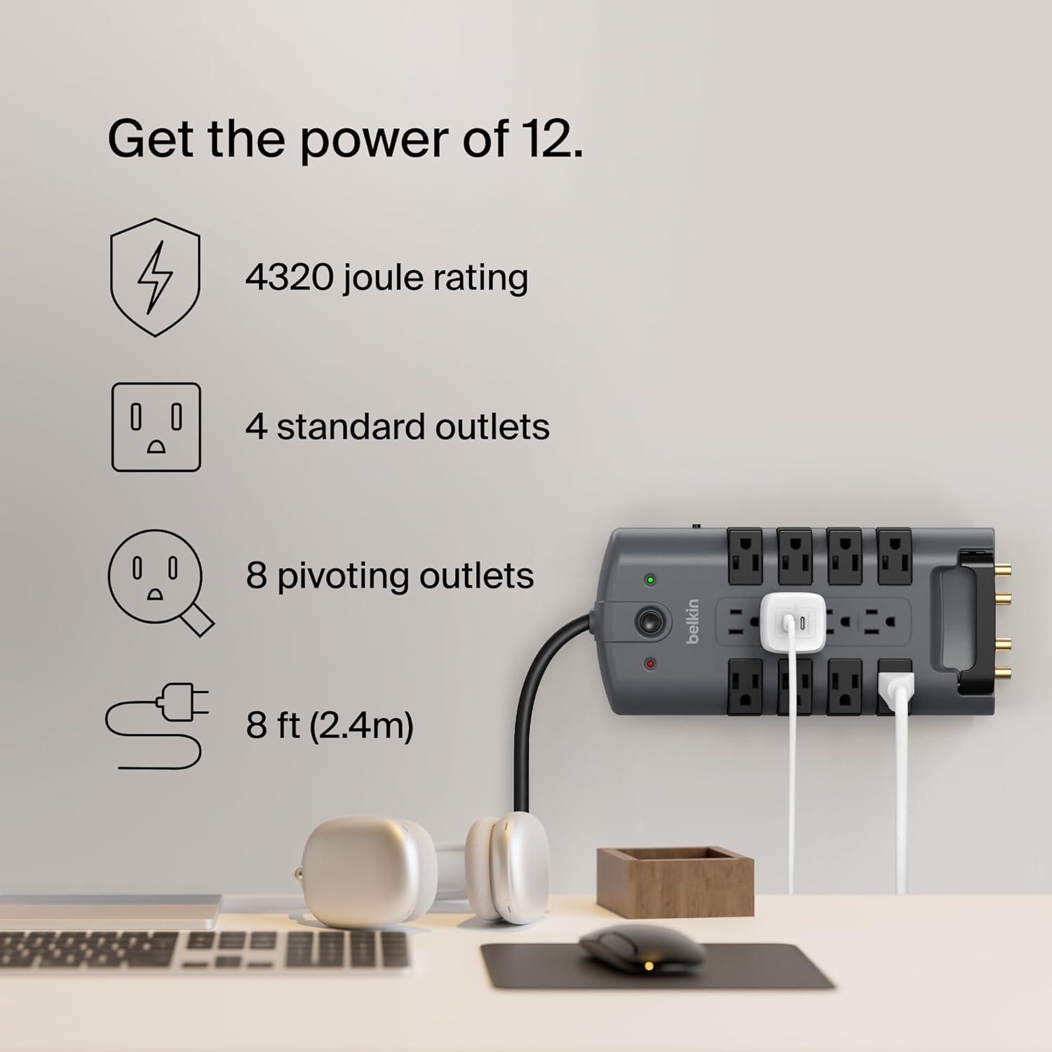 Belkin 12-Outlet Pivot-Plug Surge Protector with 8-Foot Cord, BP112230-08