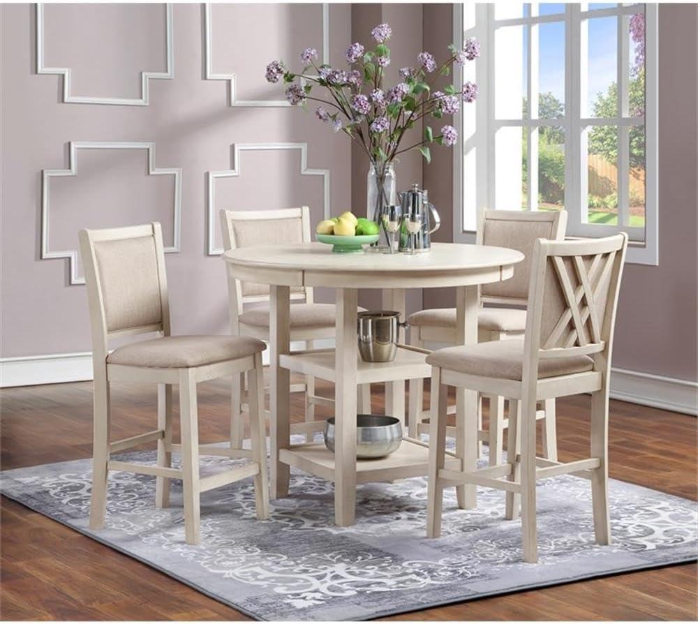 New Classic Furniture Amy 5PC Round Wood Counter Set w/ 4 Chairs in Bisque Beige