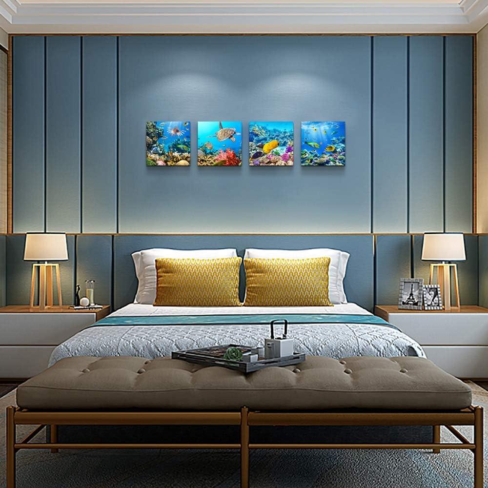 Bathroom Wall Decor Canvas wall art for living room Coral and Fish Modern Home Decor 4 Panels Stretched and Framed Ready to Hang blue Ocean Theme Sea Fish and sea Turtles undersea world Canvas Prints
