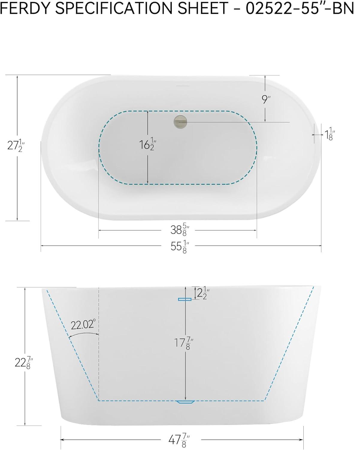 Freestanding Soaking Acrylic Bathtub with Brushed Nickel Drain