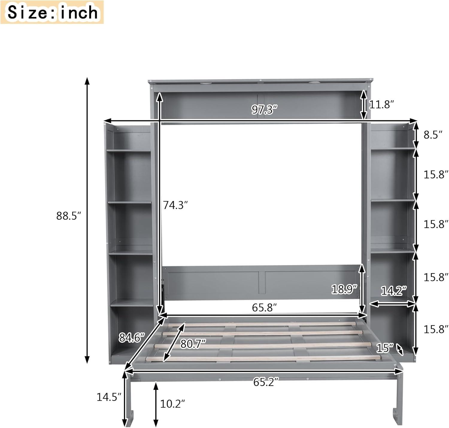 Gray Queen Size Murphy Bed with Shelves and LED Lights