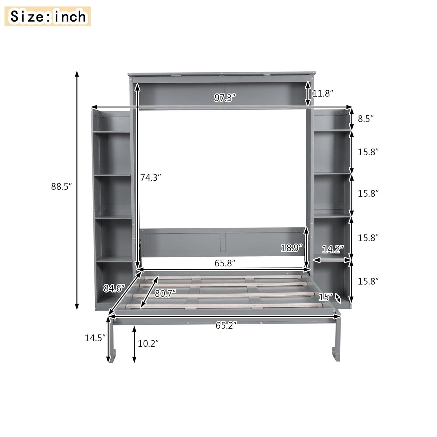 SHANRUGUOJI Murphy Bed Wall Bed With Shelves And LED Lights With Side Storage Bookcases