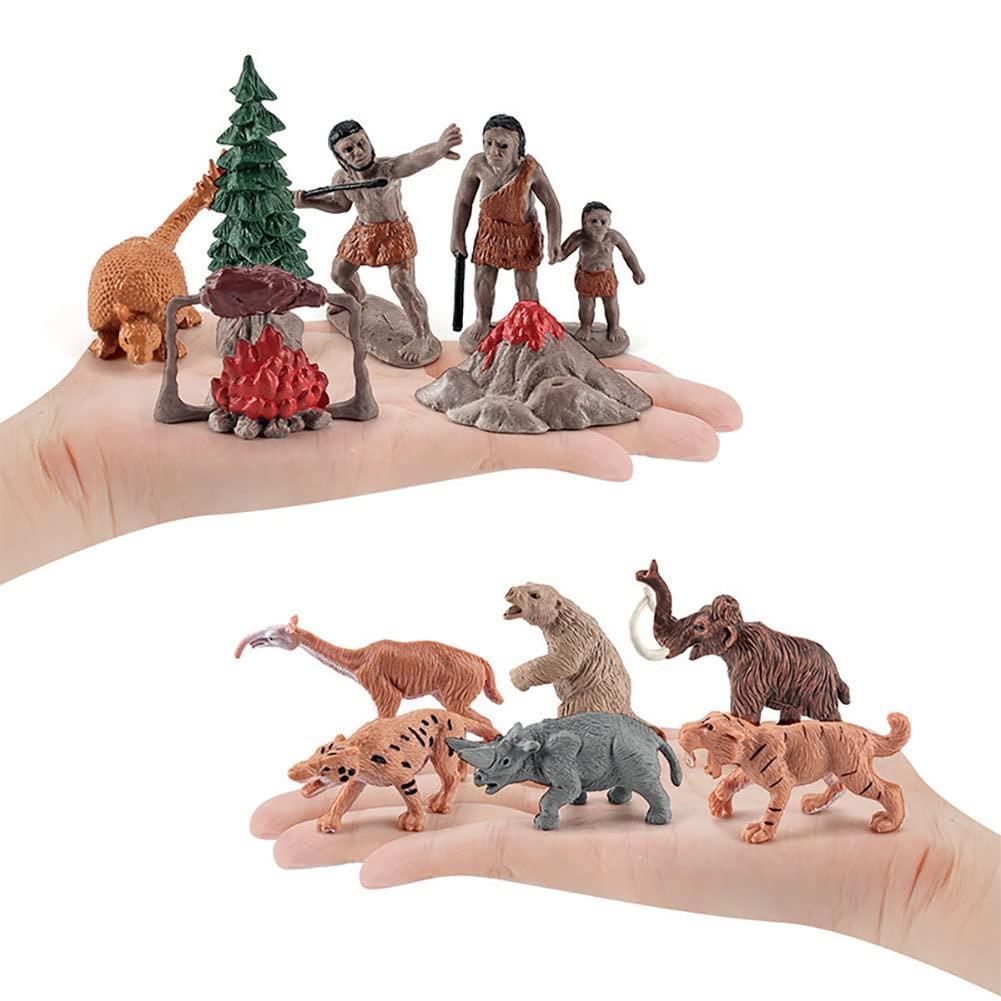 BLAPNK Realistic Prehistoric Animal and Primitive Figurines Moodel Toy 12 Pcs Ancient Smilodon Mammoth Human Figures Collection Playset Educational Toy Christmas Birthday Gift