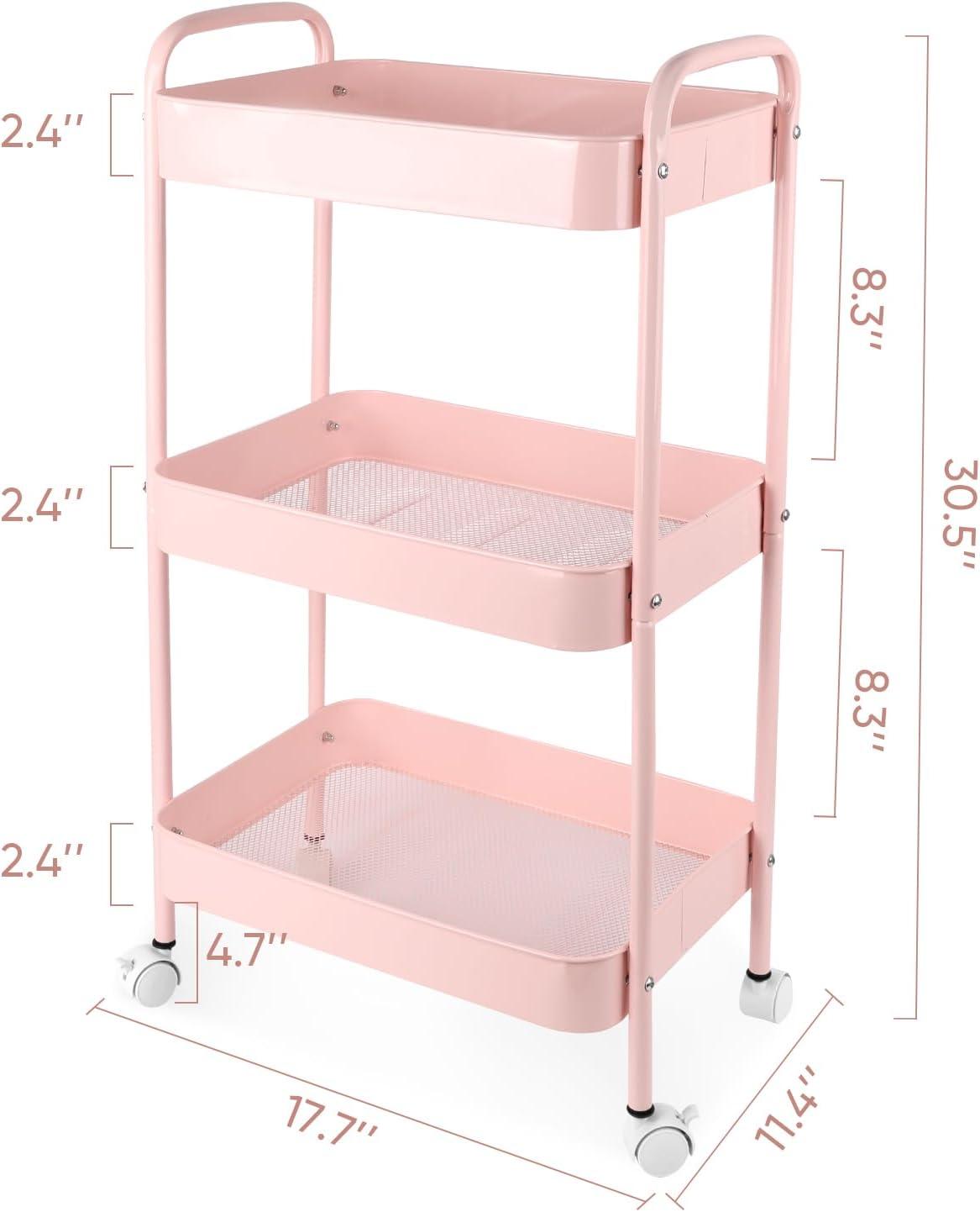 edx 3 Tier Rolling Cart, Metal Utility Cart Storage Organizer with Lockable Casters, Multi-Functional Mesh Rolling Storage Cart for Kitchen Office, Pink