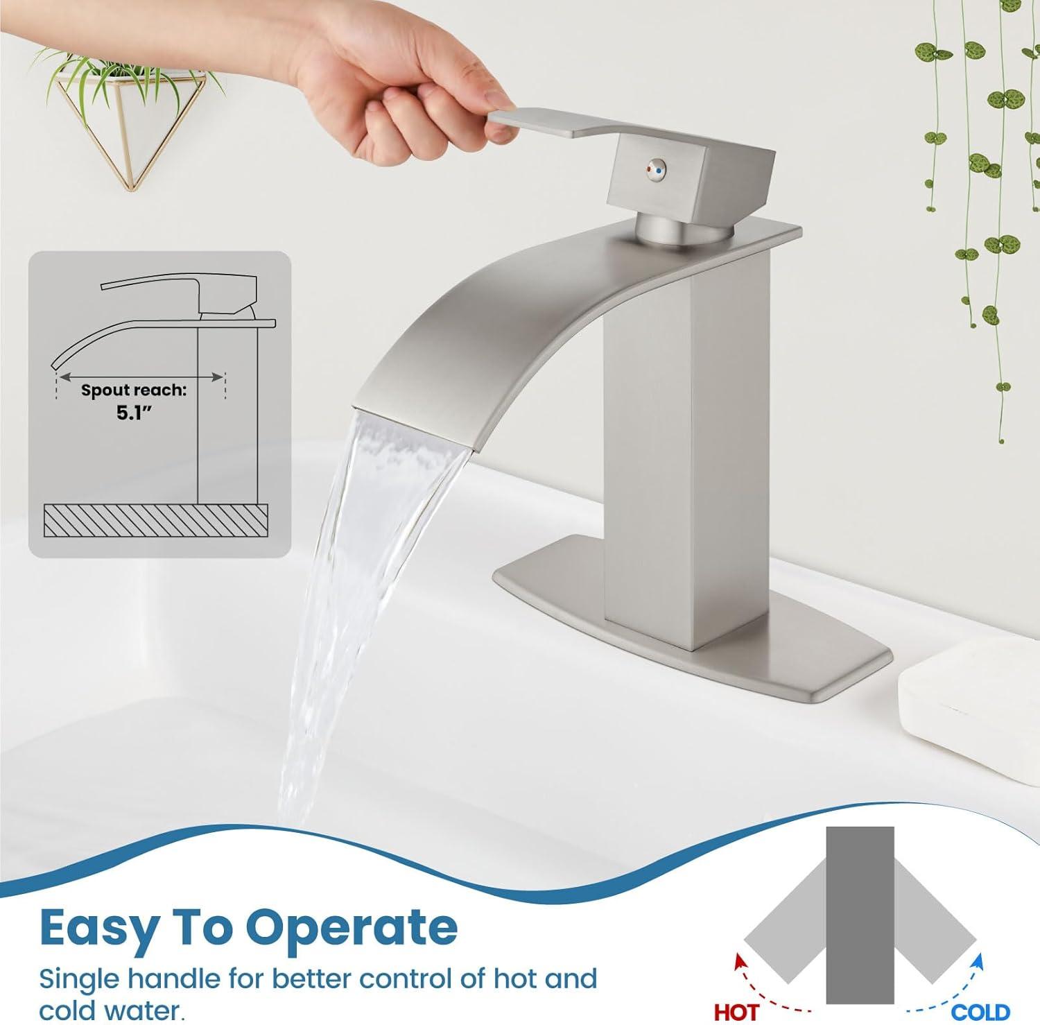 Waterfall Single Handle Bathroom Vanity Sink Faucet with Metal Pop-up Drain, Brushed Nickel Finish